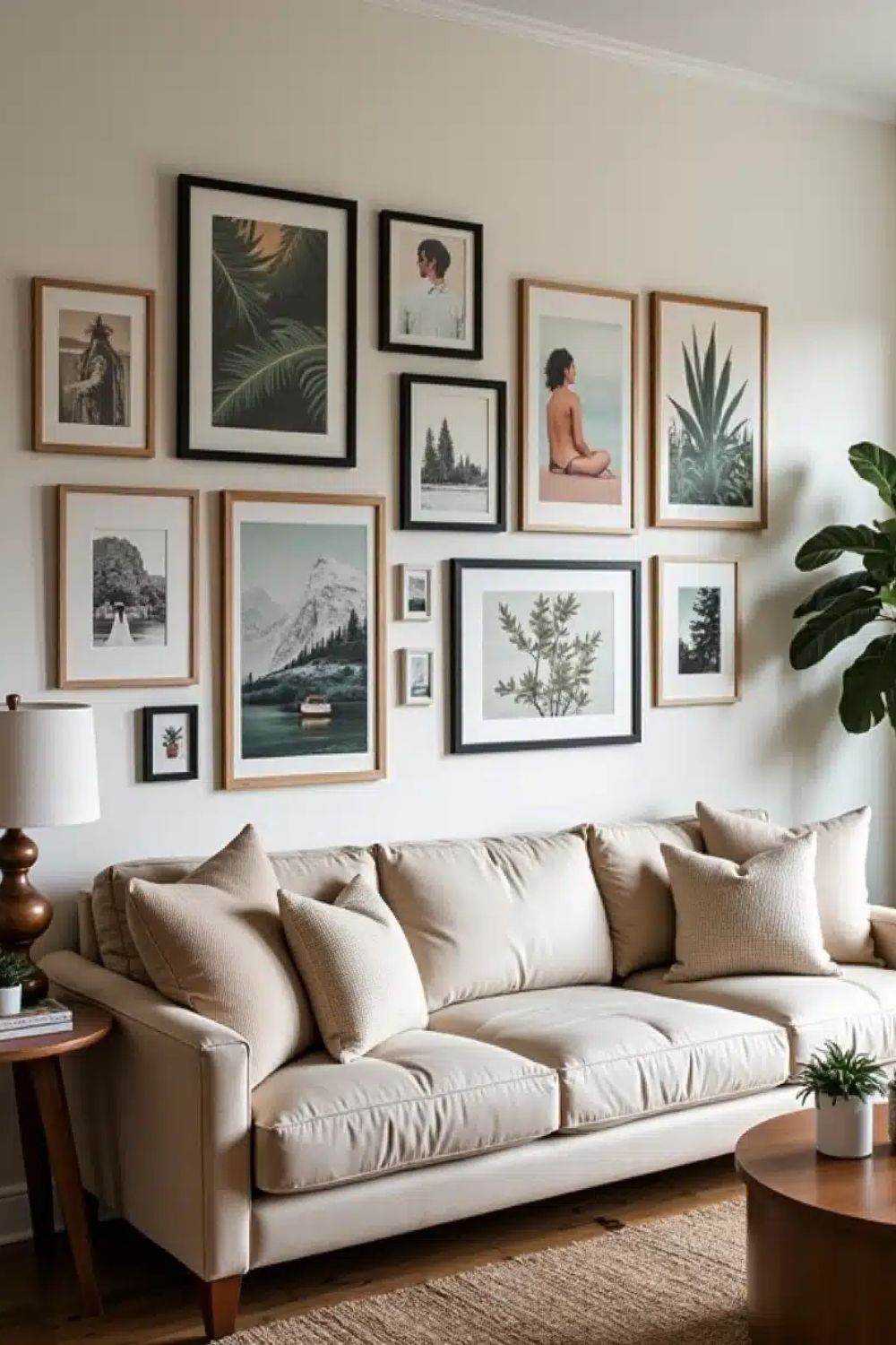 Portrait and landscape frames arranged above a sofa