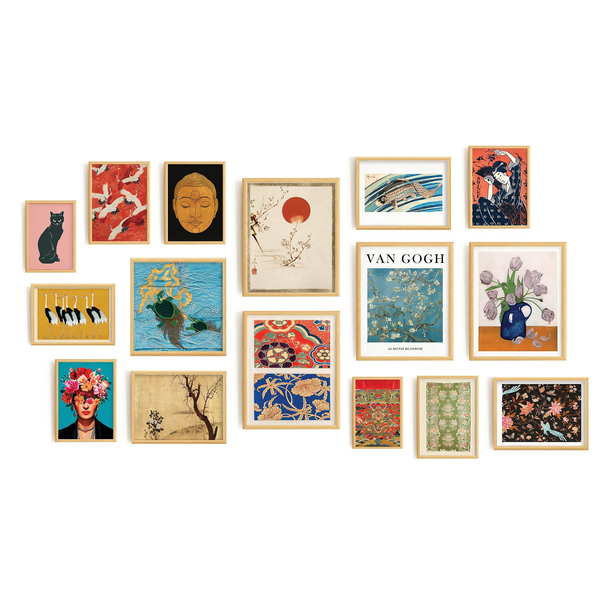 Eclectic colourful gallery wall with mixed prints